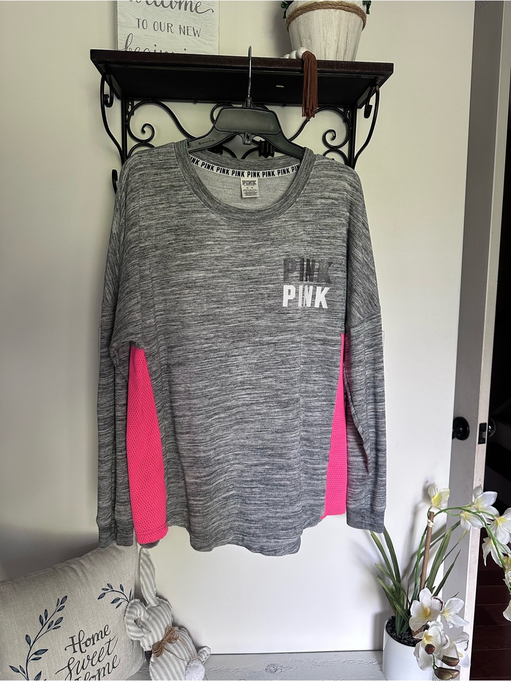 PINK Victoria's Secret Gray Heather long sleeve with hot pink mesh sides